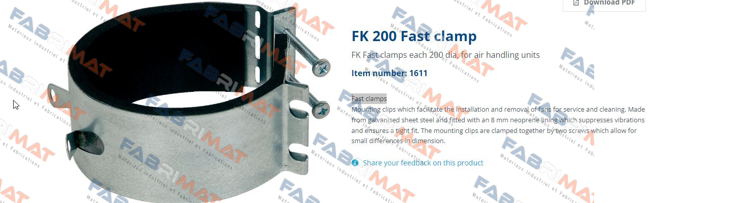 Item No. 1611, Type: FK 200 Fast clamp Systemair